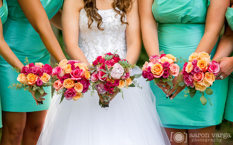 teal bridesmaid dresses pink orange wedding bouquet(pp w768 h480) - Laura + Max | Mayernik Center Wedding Photos