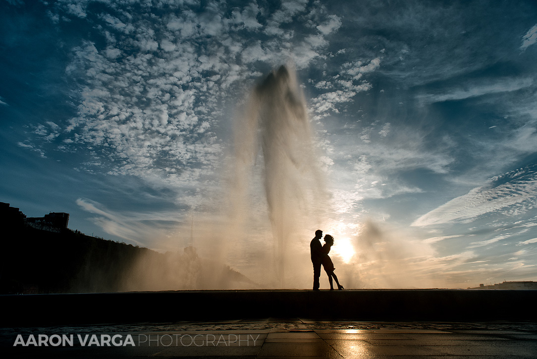 12 point state park fountain engagement silhouette - Kini + Ricky | Point State Park and Mt. Washington Engagement Photos