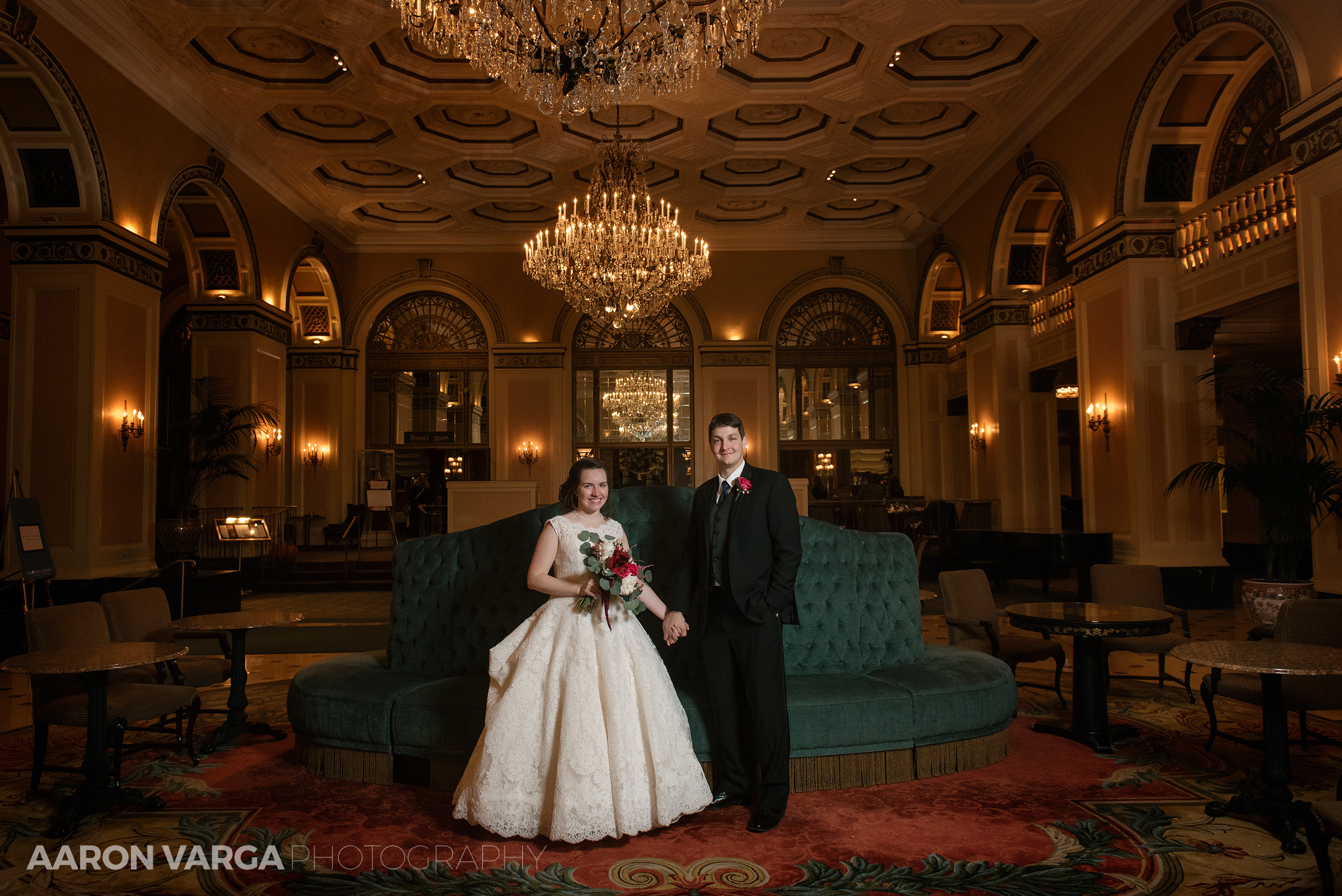 52 omni william penn chandelier lobby - Katie + Ben | Duquesne University and Omni William Penn Wedding Photos