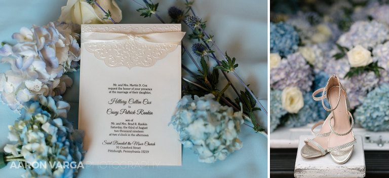 02 blue wedding flowers invitations flat lay(pp w768 h351) - Hillary + Casey | Duquesne Power Center Wedding Photos