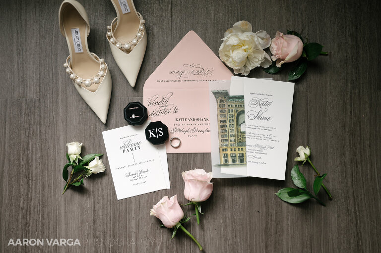 03 renaissance hotel pittsburgh wedding flat lay(pp w768 h511) - Katie + Shane | Renaissance Pittsburgh Hotel Wedding Photos