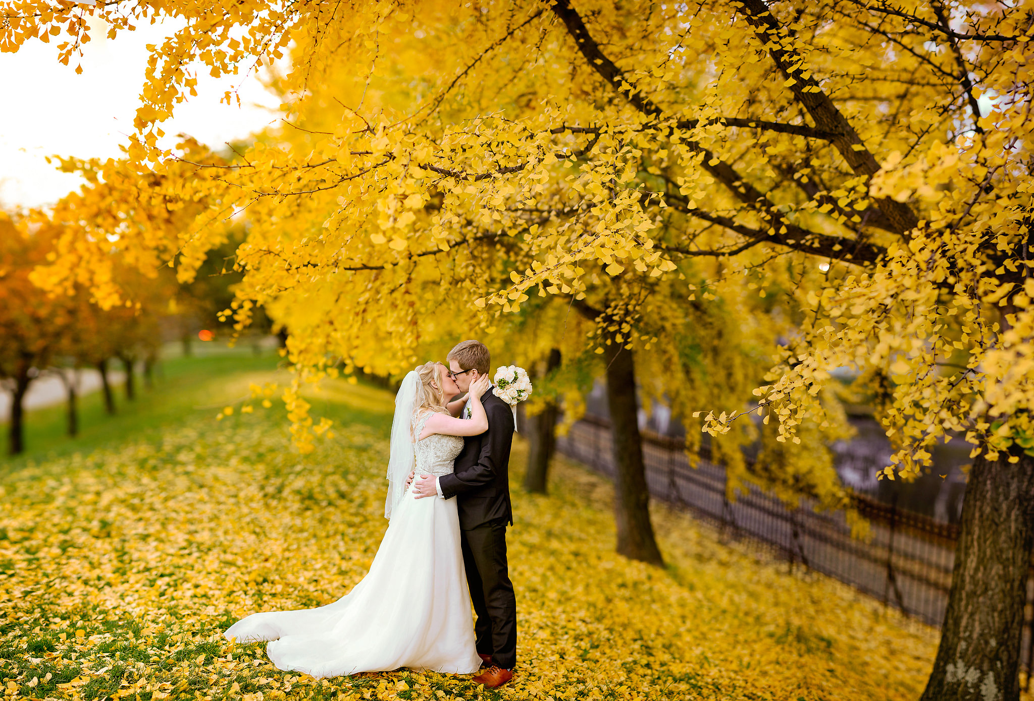 Wedding couple kissing beneath golden autumn leaves