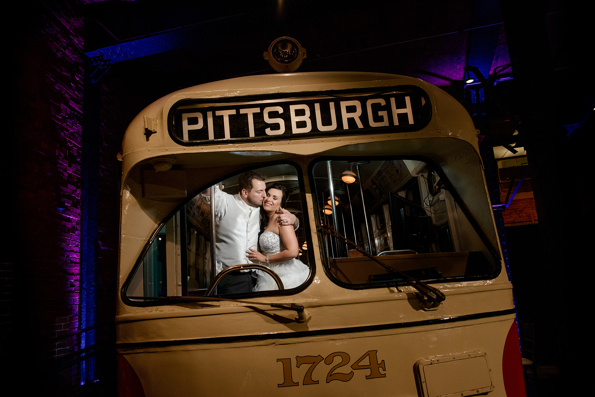 Newlyweds inside a Pittsburgh trolley at the Heinz History Center